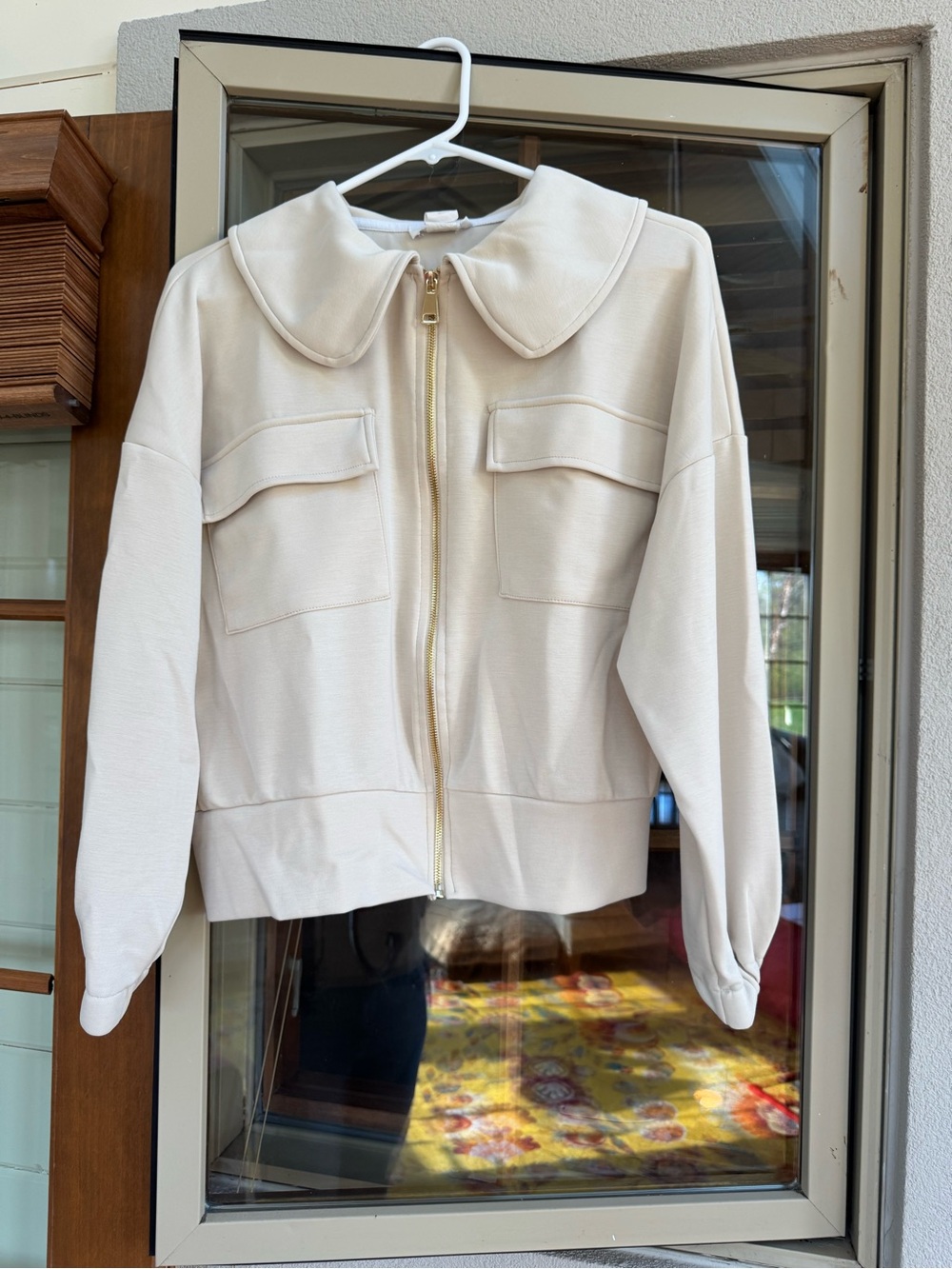 Ariella Cream Zip-Front Bomber Jacket with Peter Pan Collar